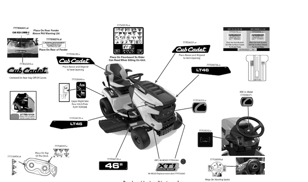 Label Map Diagram and Parts List for XT1-LT46KH (13AKA9TTA10)(2022) Cub Cadet Lawn Tractor
